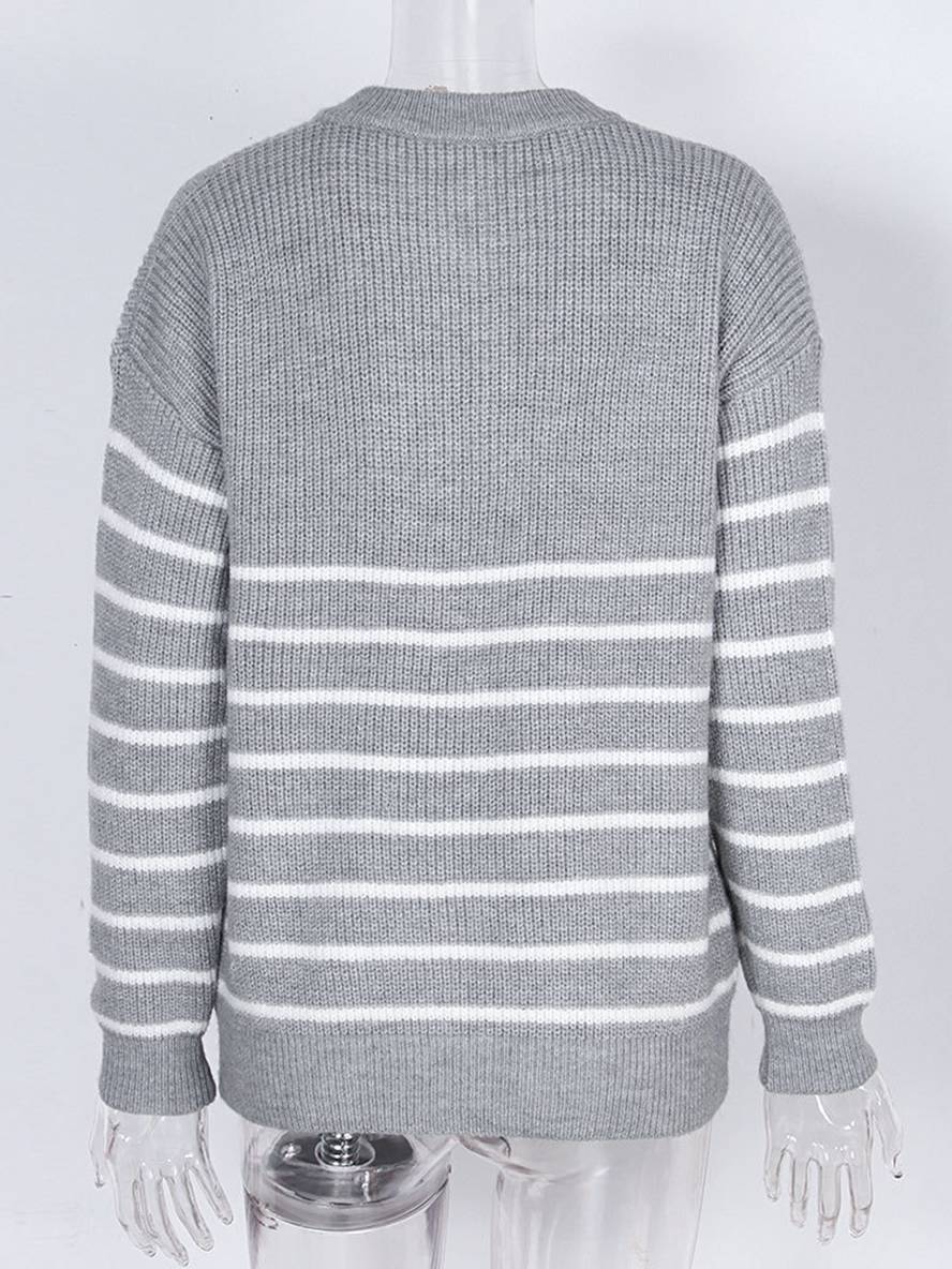 Levoire | Pull Rayé Mohair Angora V-Cou Fermeture Éclair Col Rond Femme Mode Décontractée Vêtements De Loisirs