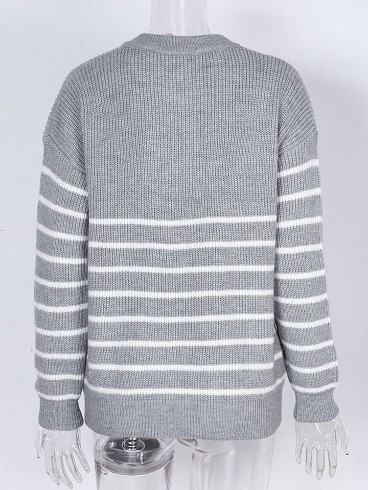 Levoire | Pull Rayé Mohair Angora V-Cou Fermeture Éclair Col Rond Femme Mode Décontractée Vêtements De Loisirs