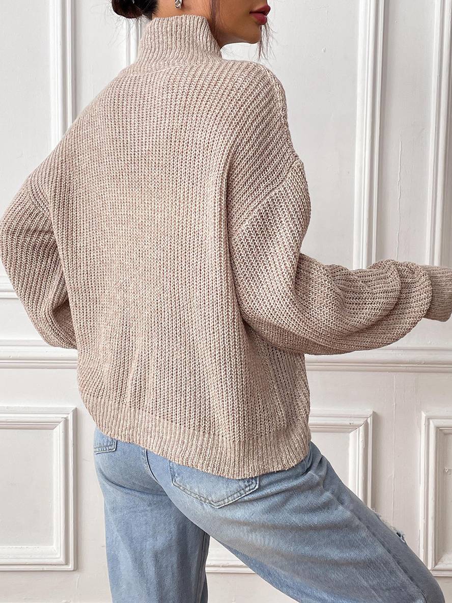 Levoire | Pull En Tricot Uni Avec Cœur Brodé, Col Haut, Manches Ballon, Femme, Élégant, Décontracté, Doux, Casual, Hauts