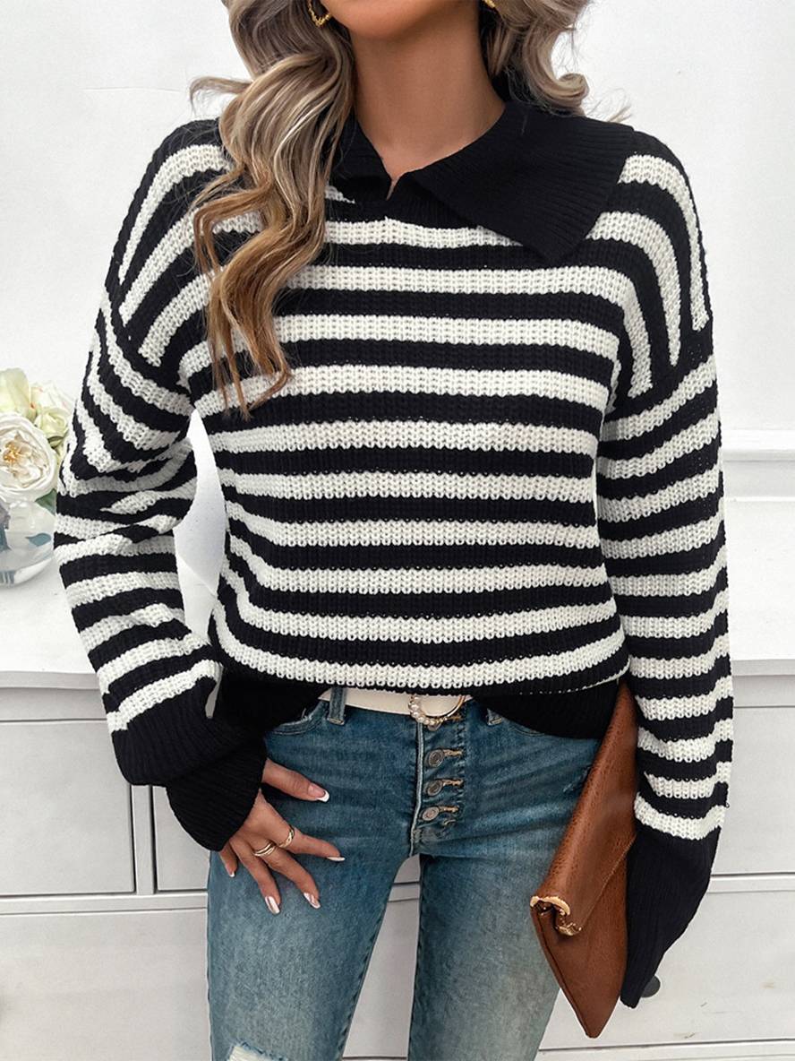 Levoire | Pull Polo Rayé À Manches Longues Pour Femmes Hauts Décontractés Élégants Noir
