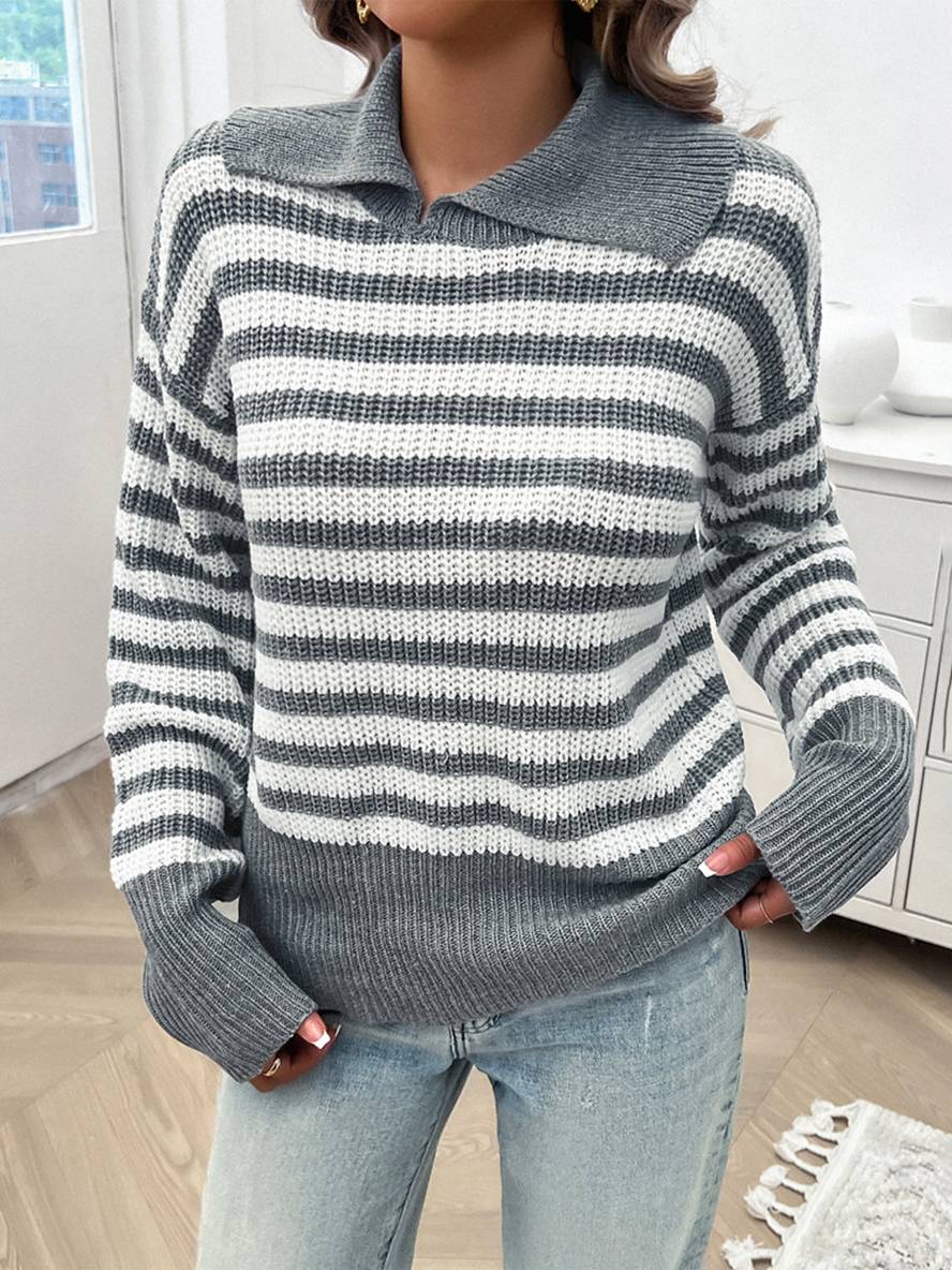 Levoire | Pull Polo Rayé À Manches Longues Pour Femmes Hauts Décontractés Élégants Gris