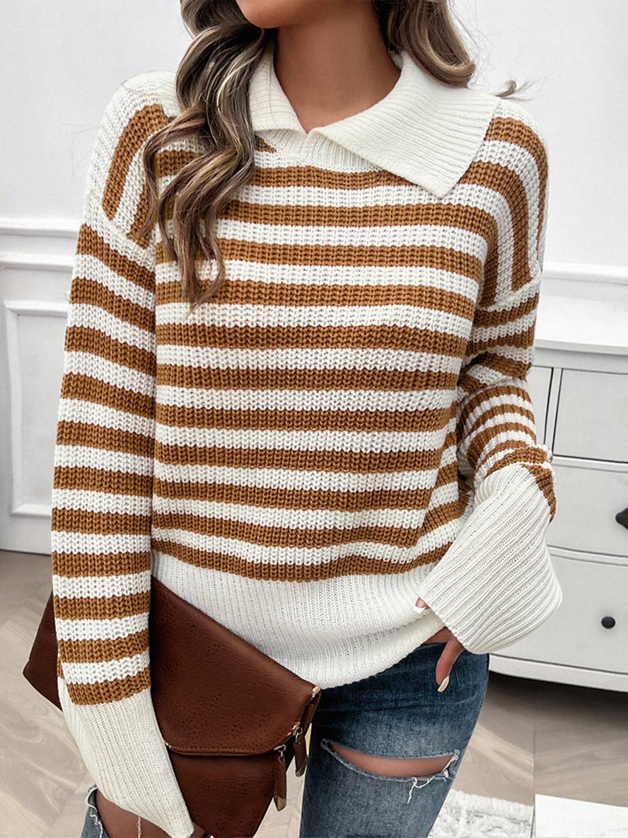 Levoire | Pull Polo Rayé À Manches Longues Pour Femmes Hauts Décontractés Élégants Chameau