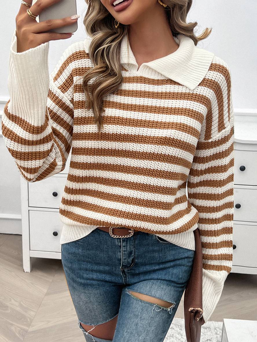 Levoire | Pull Polo Rayé À Manches Longues Pour Femmes Hauts Décontractés Élégants