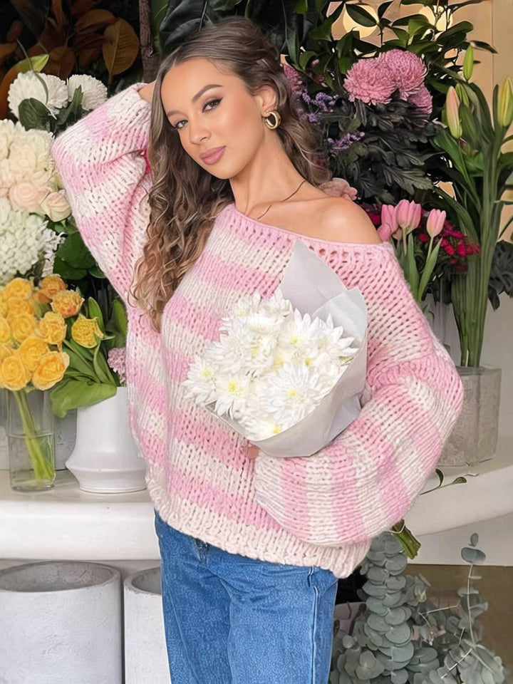 Levoire | Pull Rayé À Épaule Unique Décolleté Bateau Manches Longues Femme Élégant Décontracté Large Casual Rosa