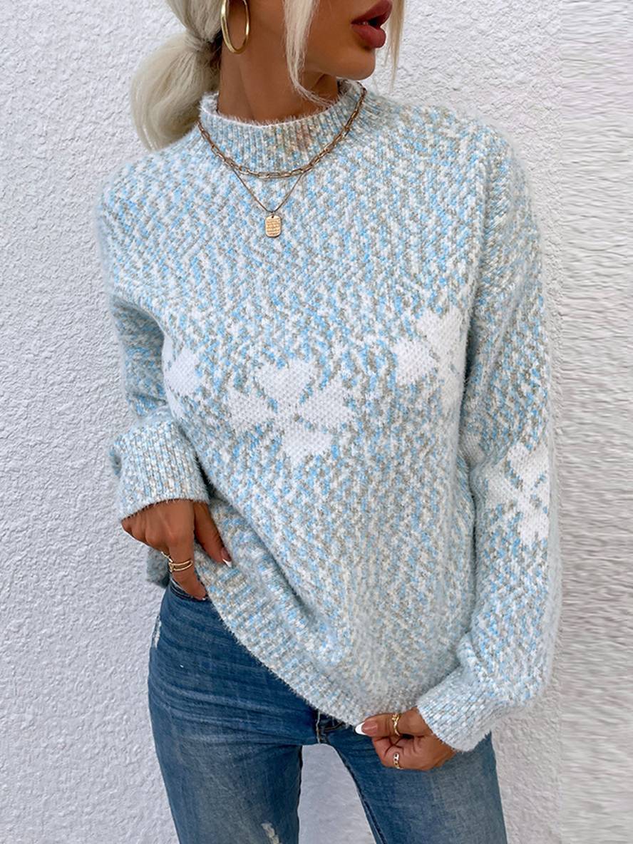 Levoire | Noël Pull Imprimé Motif Neige Col Montant Long Manches Femmes Élégant Décontracté Casual Bleu