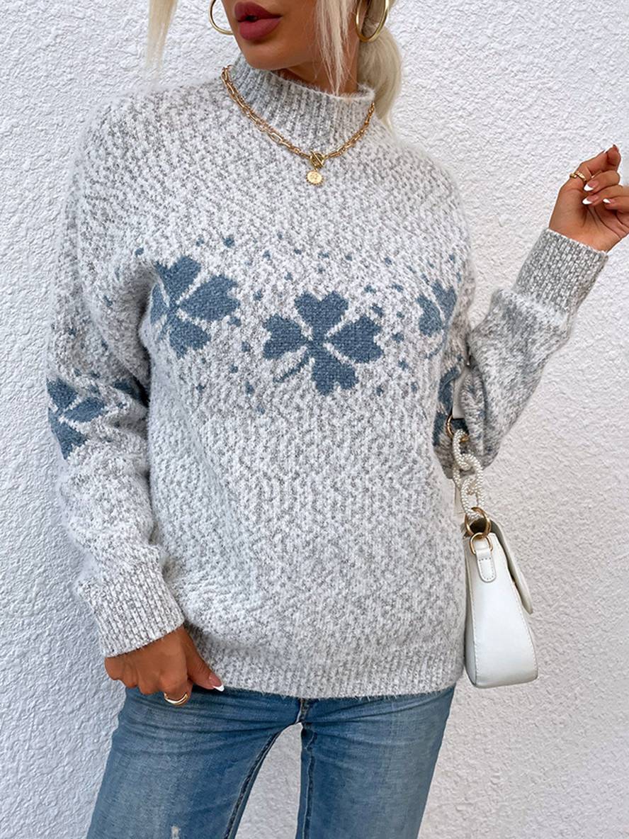 Levoire | Noël Pull Imprimé Motif Neige Col Montant Long Manches Femmes Élégant Décontracté Casual Gris clair