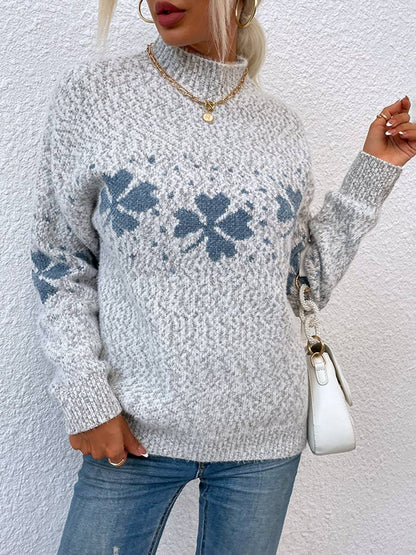 Levoire | Noël Pull Imprimé Motif Neige Col Montant Long Manches Femmes Élégant Décontracté Casual Gris clair