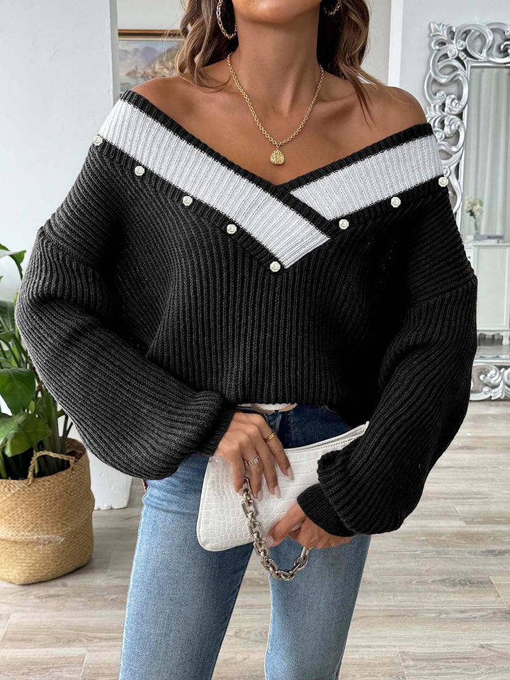 Levoire | Pull En Tricot Avec Décolleté En Perles Profond, Manches Longues, Femmes, Décontracté, Hauts Noir