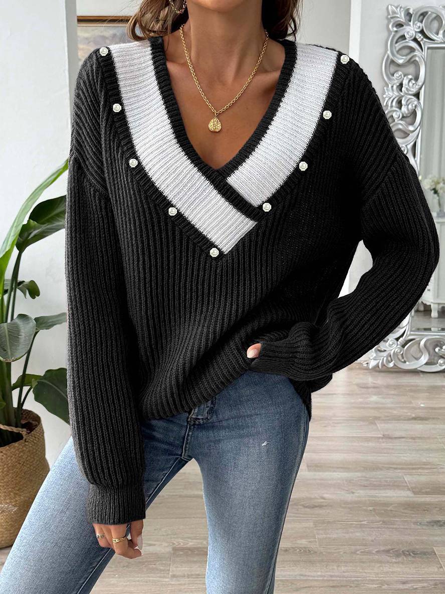 Levoire | Pull En Tricot Avec Décolleté En Perles Profond, Manches Longues, Femmes, Décontracté, Hauts