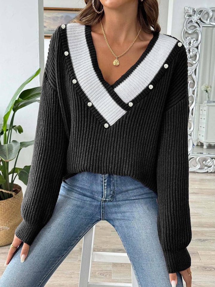 Levoire | Pull En Tricot Avec Décolleté En Perles Profond, Manches Longues, Femmes, Décontracté, Hauts