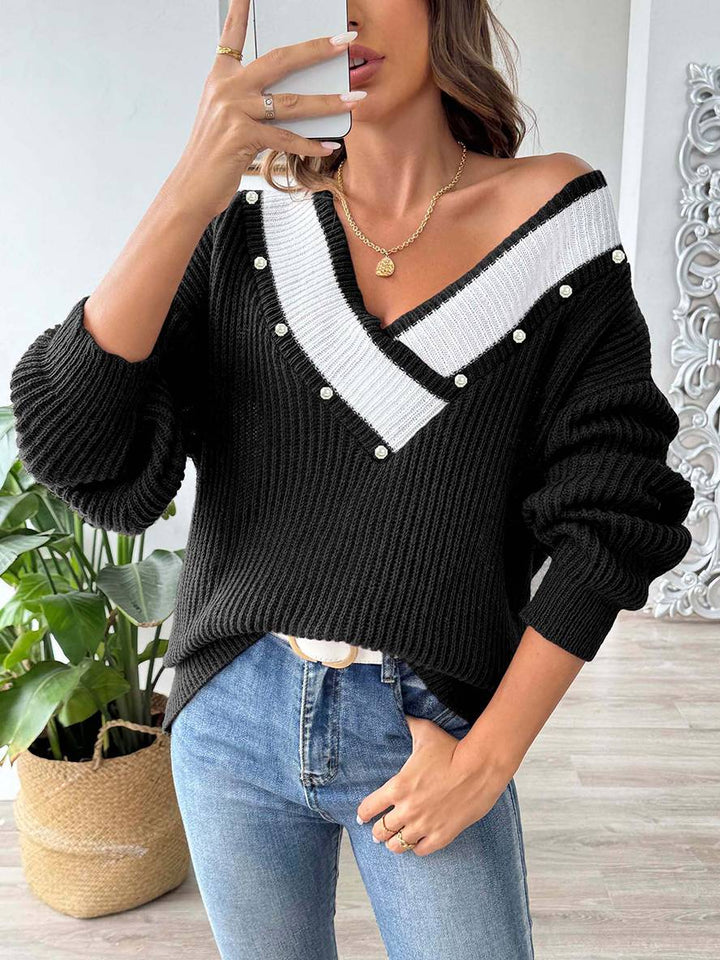 Levoire | Pull En Tricot Avec Décolleté En Perles Profond, Manches Longues, Femmes, Décontracté, Hauts