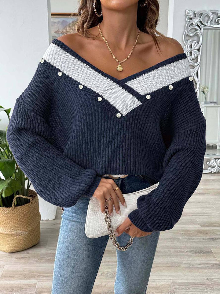 Levoire | Pull En Tricot Avec Décolleté En Perles Profond, Manches Longues, Femmes, Décontracté, Hauts Bleu