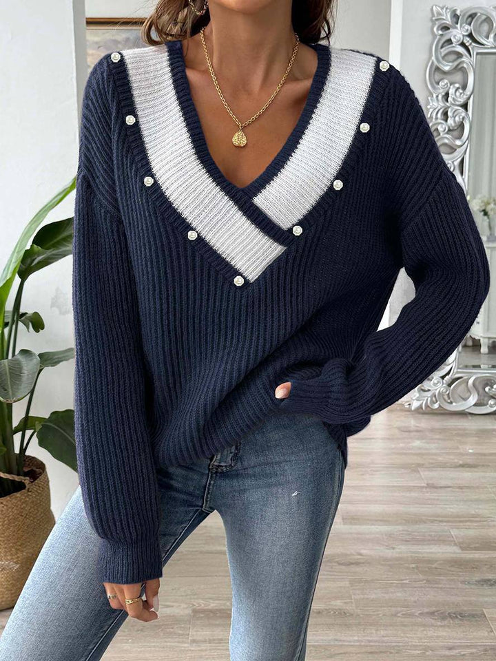 Levoire | Pull En Tricot Avec Décolleté En Perles Profond, Manches Longues, Femmes, Décontracté, Hauts