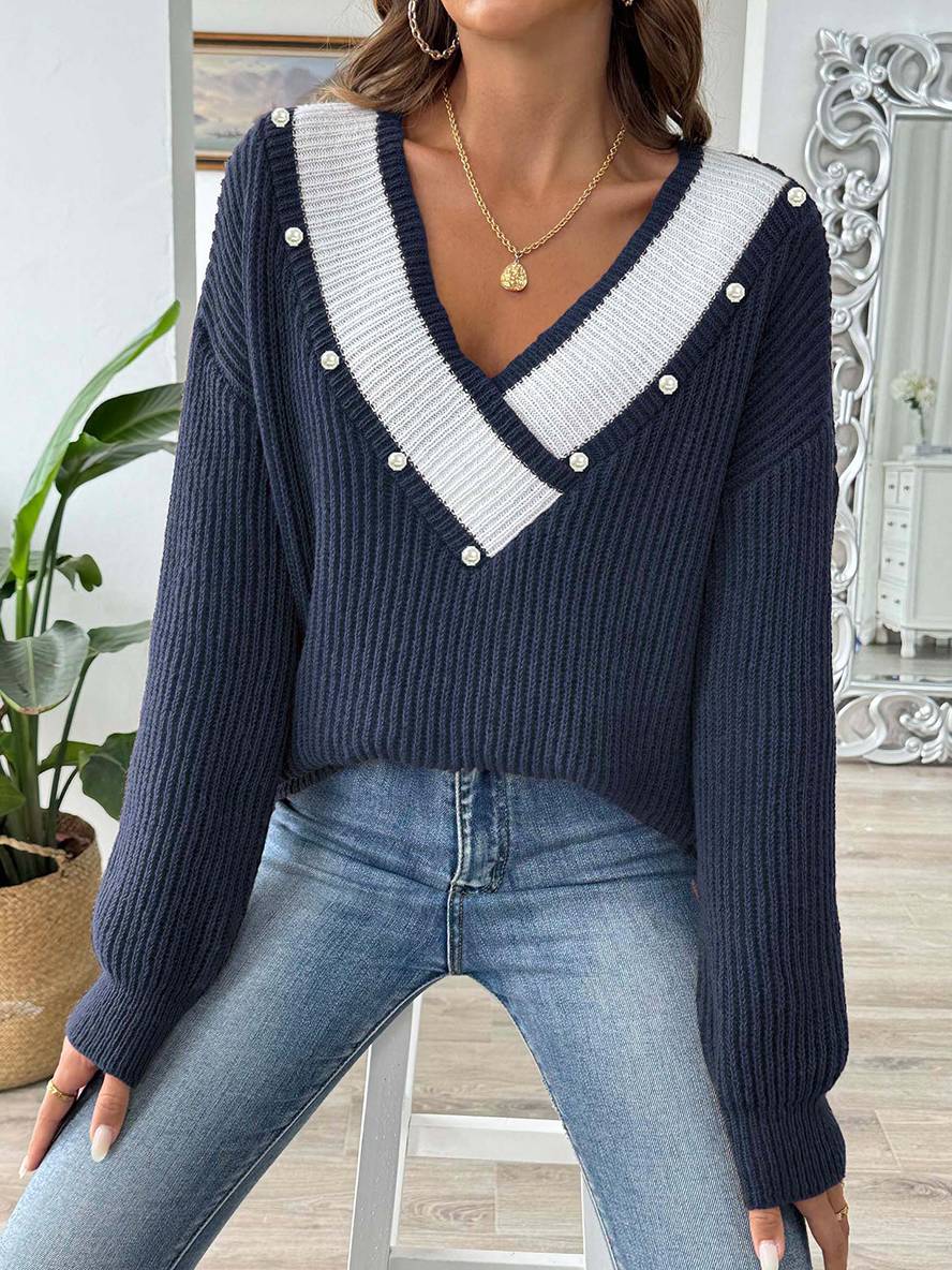 Levoire | Pull En Tricot Avec Décolleté En Perles Profond, Manches Longues, Femmes, Décontracté, Hauts