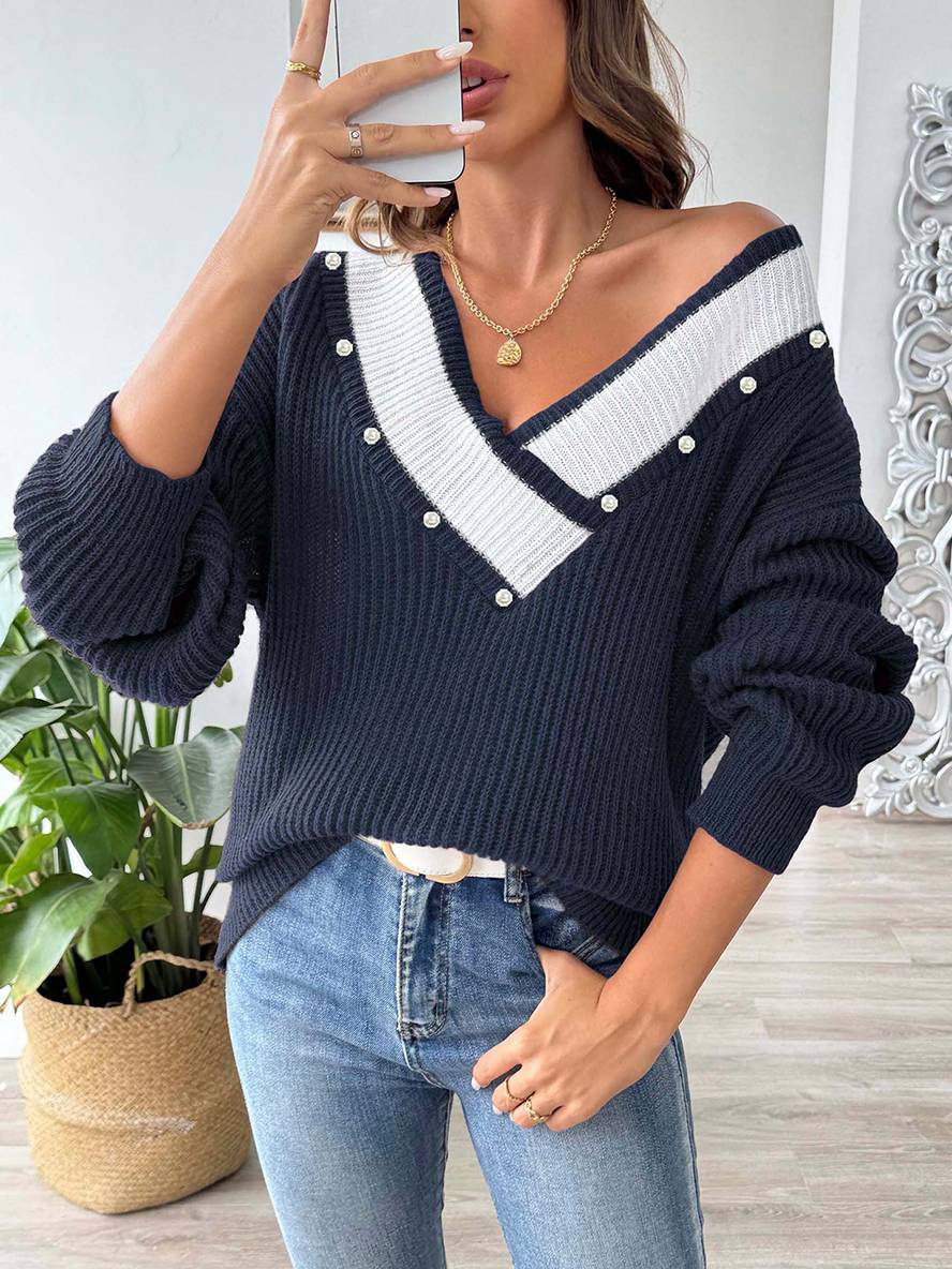 Levoire | Pull En Tricot Avec Décolleté En Perles Profond, Manches Longues, Femmes, Décontracté, Hauts