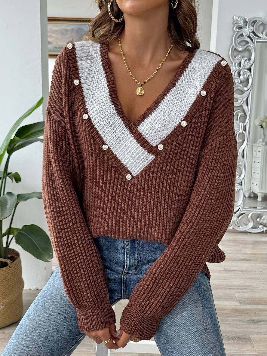 Levoire | Pull En Tricot Avec Décolleté En Perles Profond, Manches Longues, Femmes, Décontracté, Hauts Café