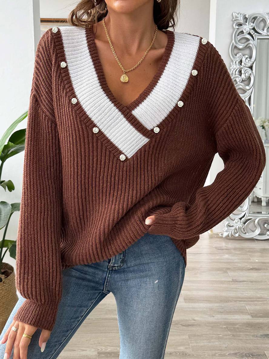 Levoire | Pull En Tricot Avec Décolleté En Perles Profond, Manches Longues, Femmes, Décontracté, Hauts