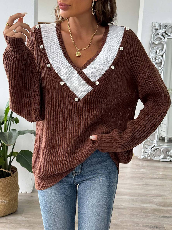 Levoire | Pull En Tricot Avec Décolleté En Perles Profond, Manches Longues, Femmes, Décontracté, Hauts
