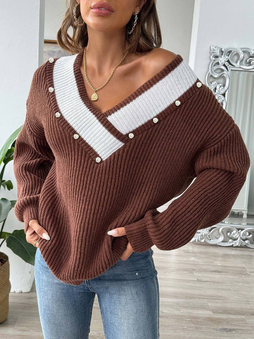Levoire | Pull En Tricot Avec Décolleté En Perles Profond, Manches Longues, Femmes, Décontracté, Hauts