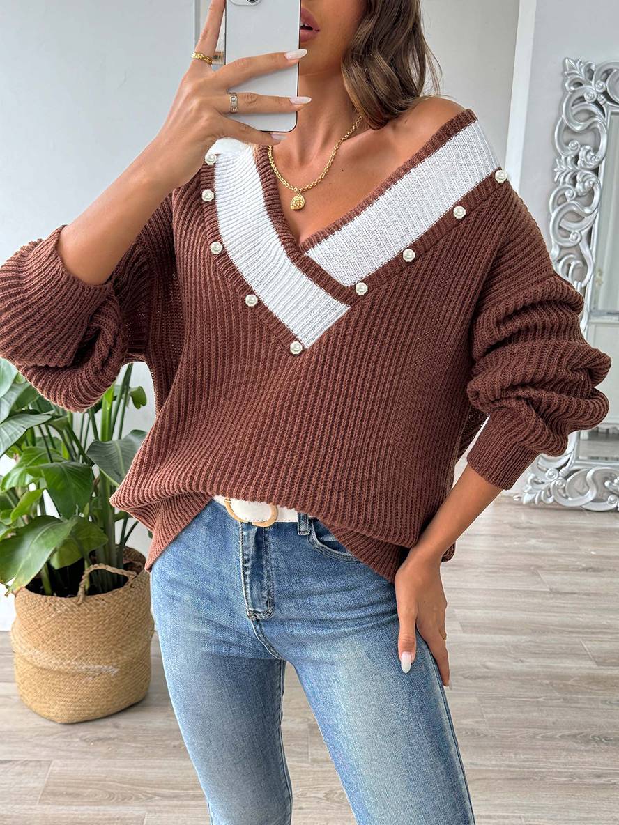 Levoire | Pull En Tricot Avec Décolleté En Perles Profond, Manches Longues, Femmes, Décontracté, Hauts