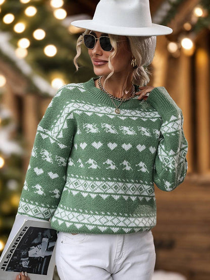 Levoire | Pull De Noël Motif Flocon De Neige Col Rond Manches Longues Femmes Décontracté Tops Vert