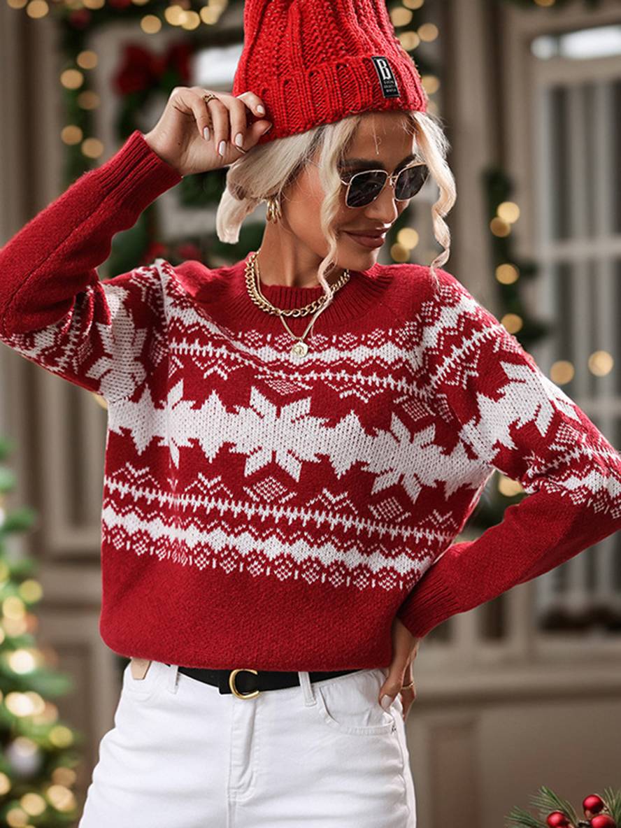 Levoire | Pull De Noël Motif Flocon De Neige Col Rond Manches Longues Femmes Décontracté Tops Bordeaux