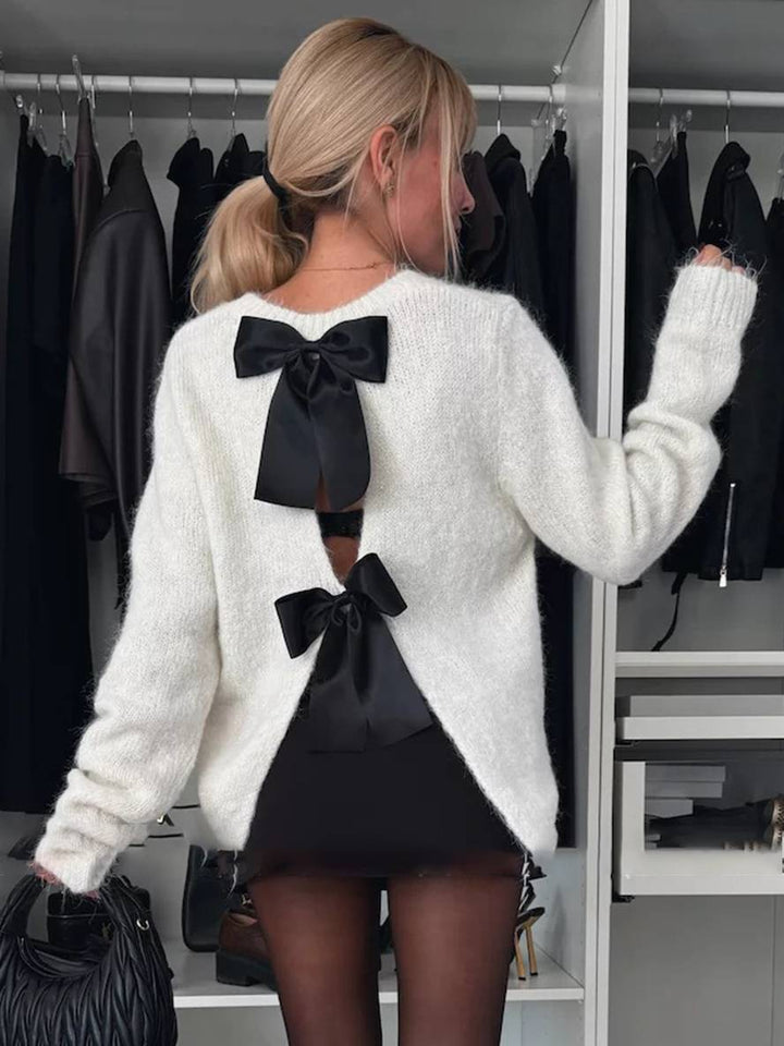 Levoire | Pull Dos Nu Nœud Col Rond Manches Longues Femmes Élégant Décontracté Doux Casual Hauts Beige