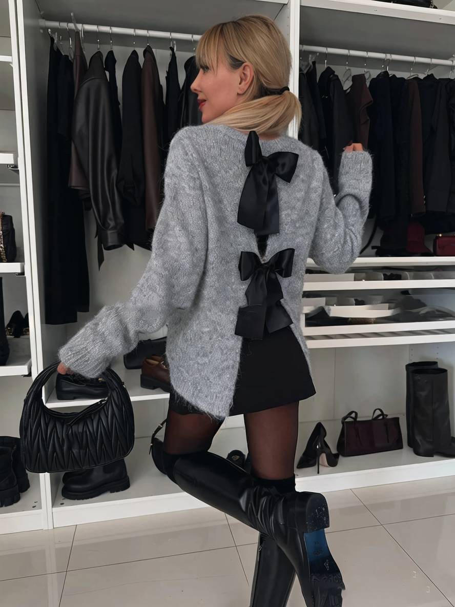 Levoire | Pull Dos Nu Nœud Col Rond Manches Longues Femmes Élégant Décontracté Doux Casual Hauts