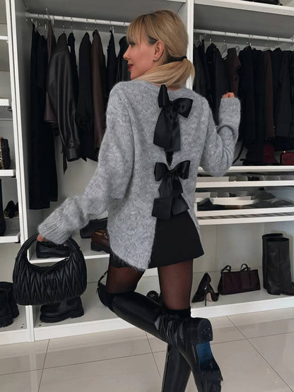 Levoire | Pull Dos Nu Nœud Col Rond Manches Longues Femmes Élégant Décontracté Doux Casual Hauts