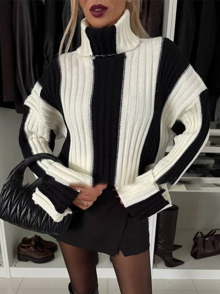 Levoire | Pull Rayé Col Montant Manches Longues Femmes Élégant Décontracté Mode Casual Hauts Noir