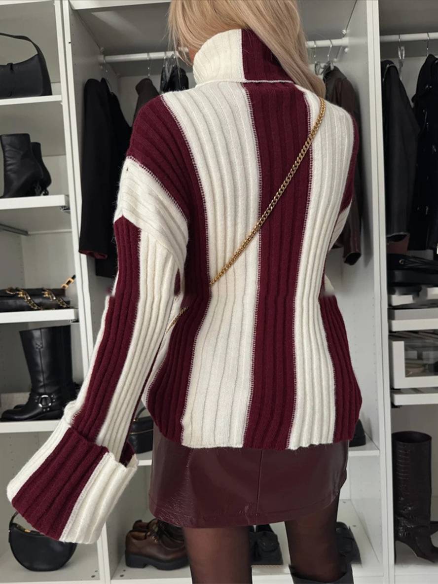 Levoire | Pull Rayé Col Montant Manches Longues Femmes Élégant Décontracté Mode Casual Hauts