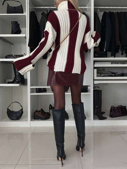 Levoire | Pull Rayé Col Montant Manches Longues Femmes Élégant Décontracté Mode Casual Hauts