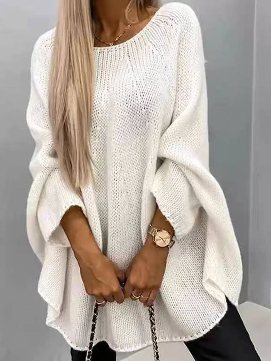 Levoire | Unicolore Col Rond Pullover Femme Décontracté Lâche Hauts Décontractés Blanc