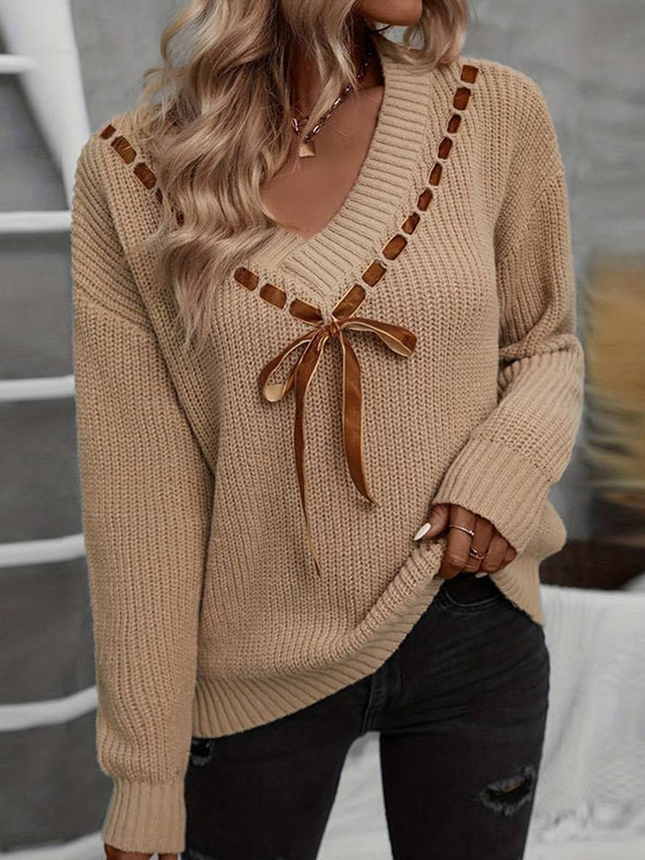 Levoire | Pull À Col En V Nœud Papillon À Manches Longues Pour Femmes Mode Décontractée Douce Haut Casual Khaki