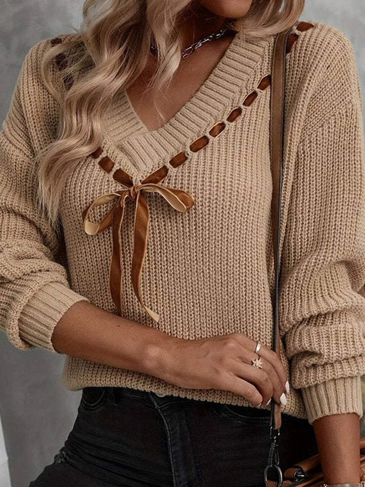 Levoire | Pull À Col En V Nœud Papillon À Manches Longues Pour Femmes Mode Décontractée Douce Haut Casual