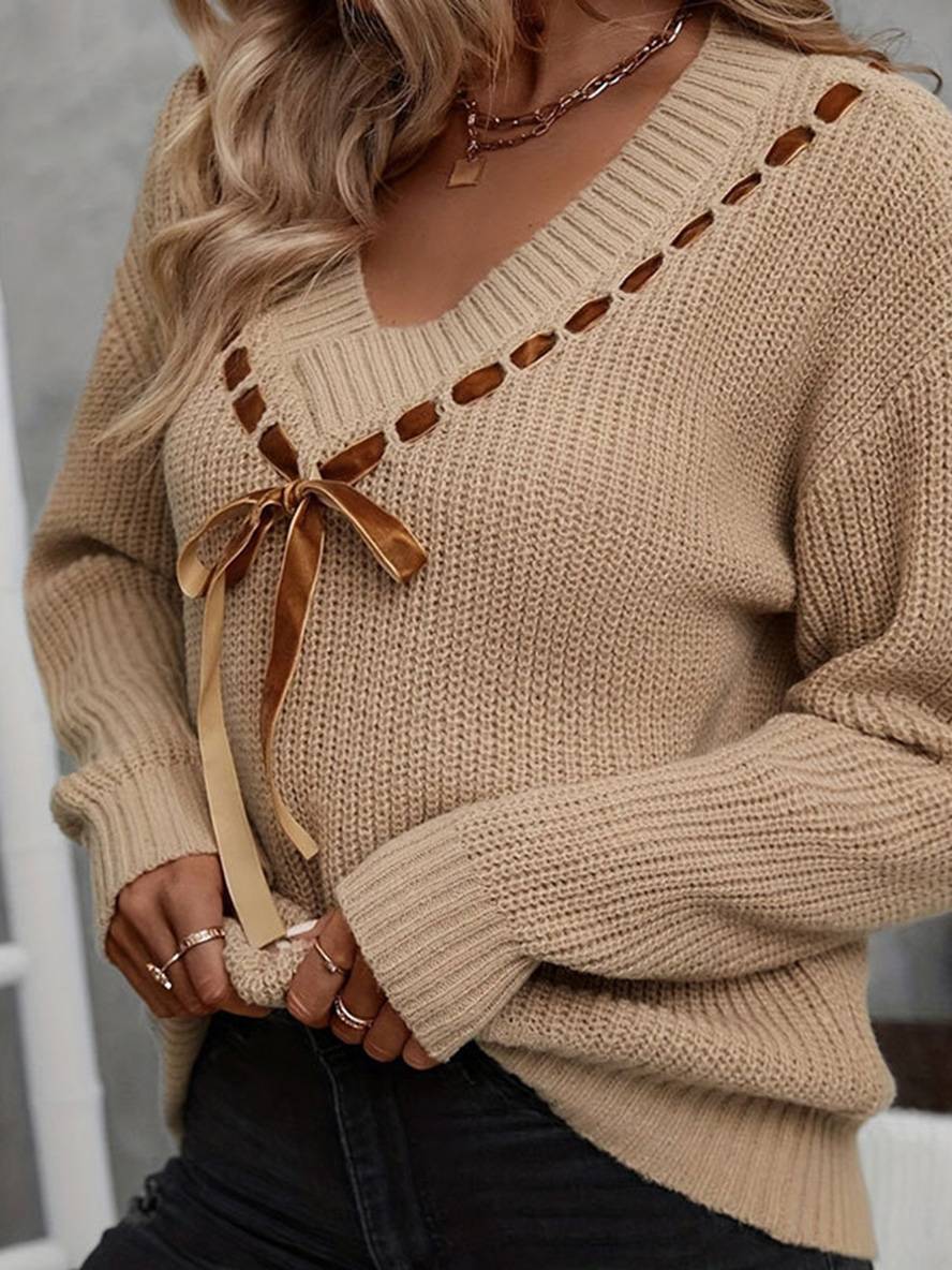 Levoire | Pull À Col En V Nœud Papillon À Manches Longues Pour Femmes Mode Décontractée Douce Haut Casual