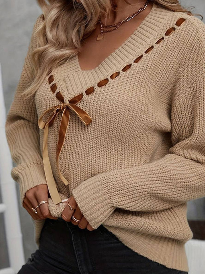 Levoire | Pull À Col En V Nœud Papillon À Manches Longues Pour Femmes Mode Décontractée Douce Haut Casual