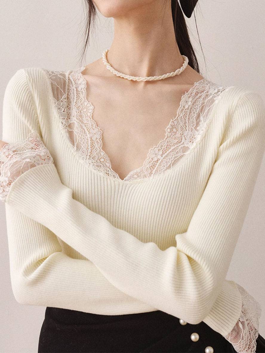 Levoire | Pull À Col En V Avec Dentelle Manches Longues Uni Femme Élégant Décontracté Tops Blanc UNE TAILLE