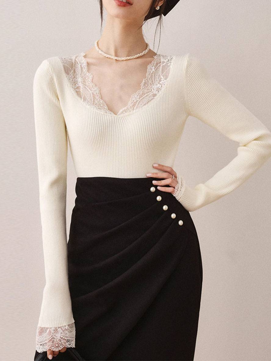 Levoire | Pull À Col En V Avec Dentelle Manches Longues Uni Femme Élégant Décontracté Tops