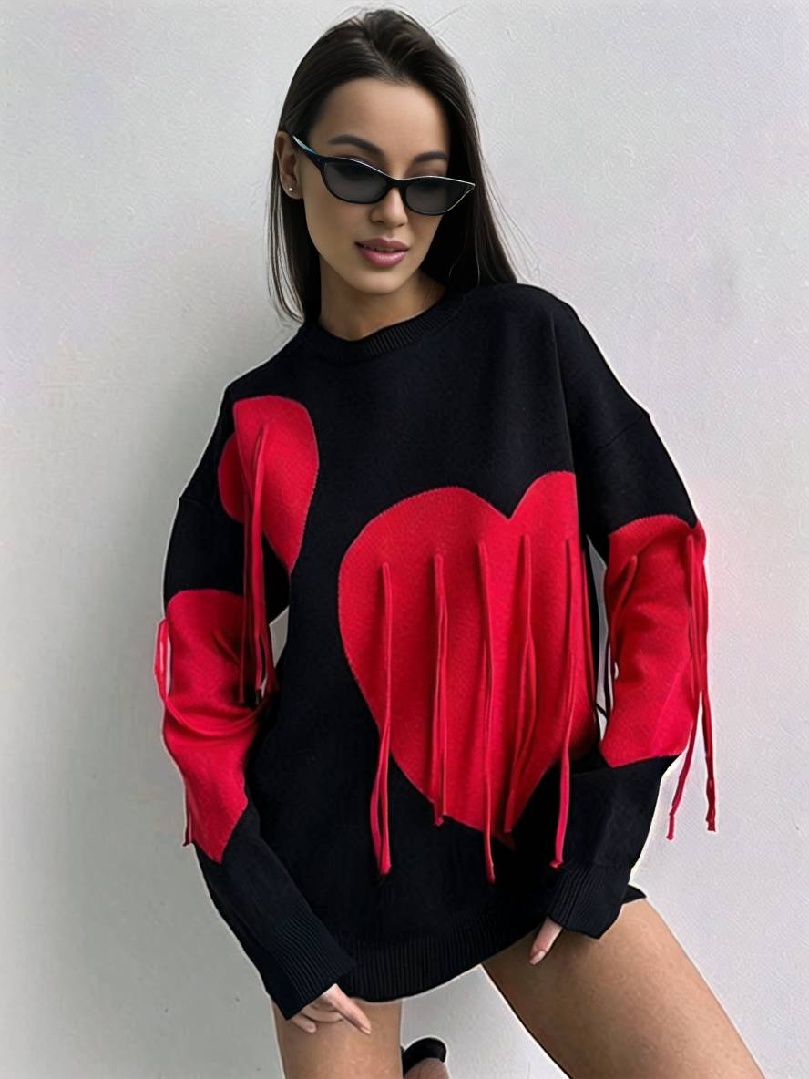 Levoire | Sweatshirt Cœur Français Col Rond Manches Longues Femmes Décontracté Lâche Oversized Tops De La Saint-Valentin Noir