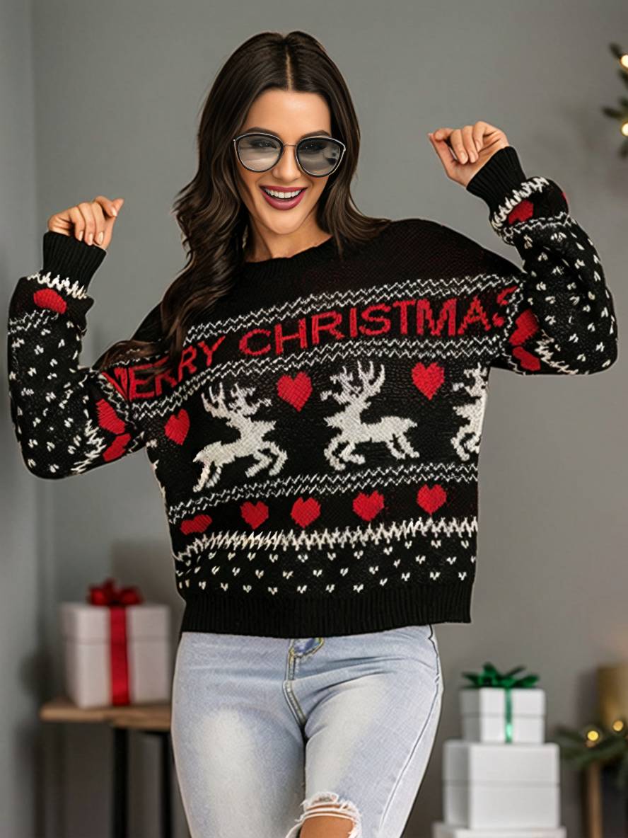 Levoire | Noël Pull Cœur Wapiti Lettres Col Rond Manches Longues Femme Élégant Décontracté Hauts Noir