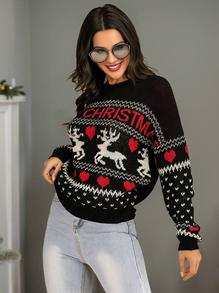 Levoire | Noël Pull Cœur Wapiti Lettres Col Rond Manches Longues Femme Élégant Décontracté Hauts