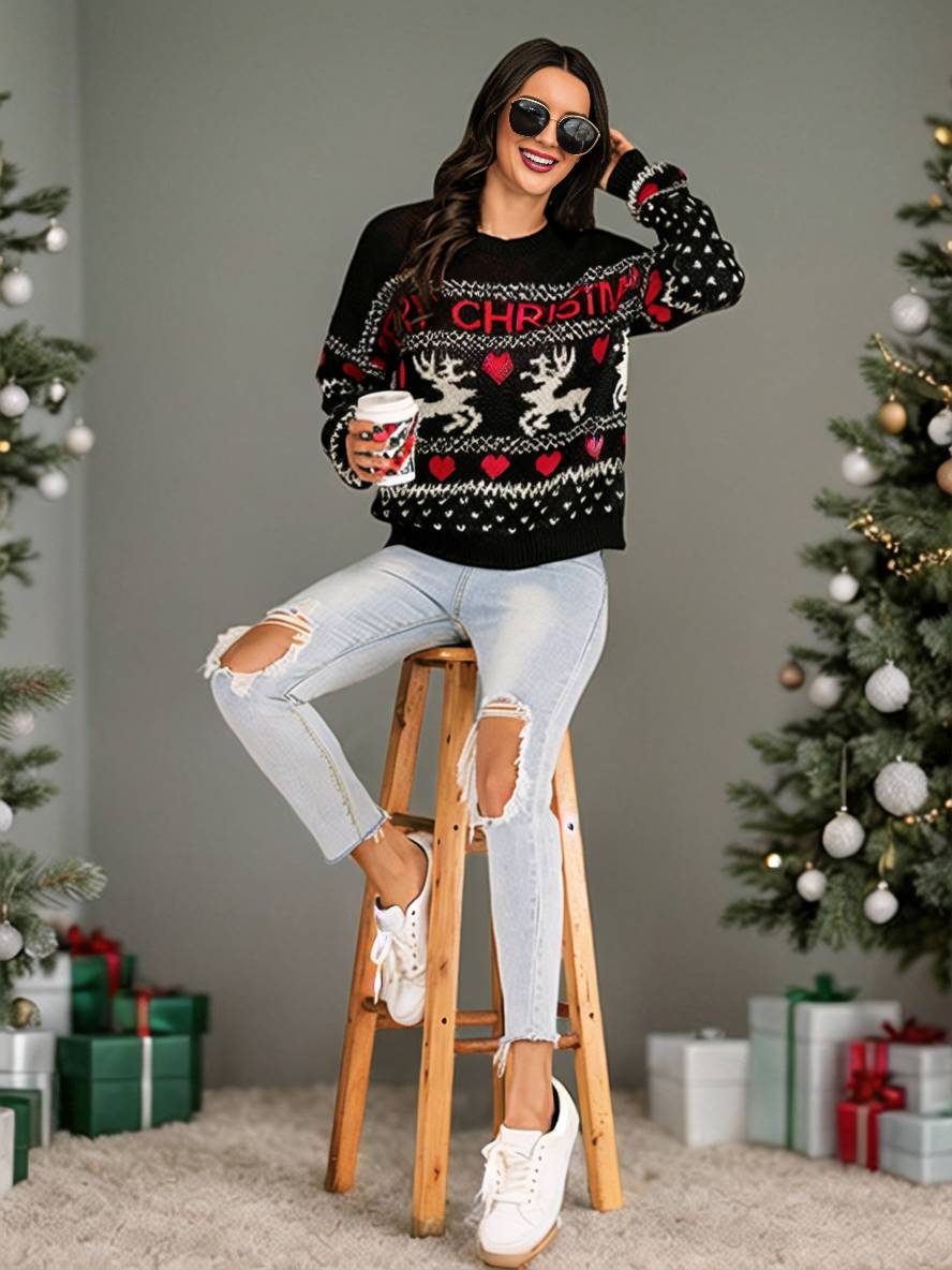 Levoire | Noël Pull Cœur Wapiti Lettres Col Rond Manches Longues Femme Élégant Décontracté Hauts