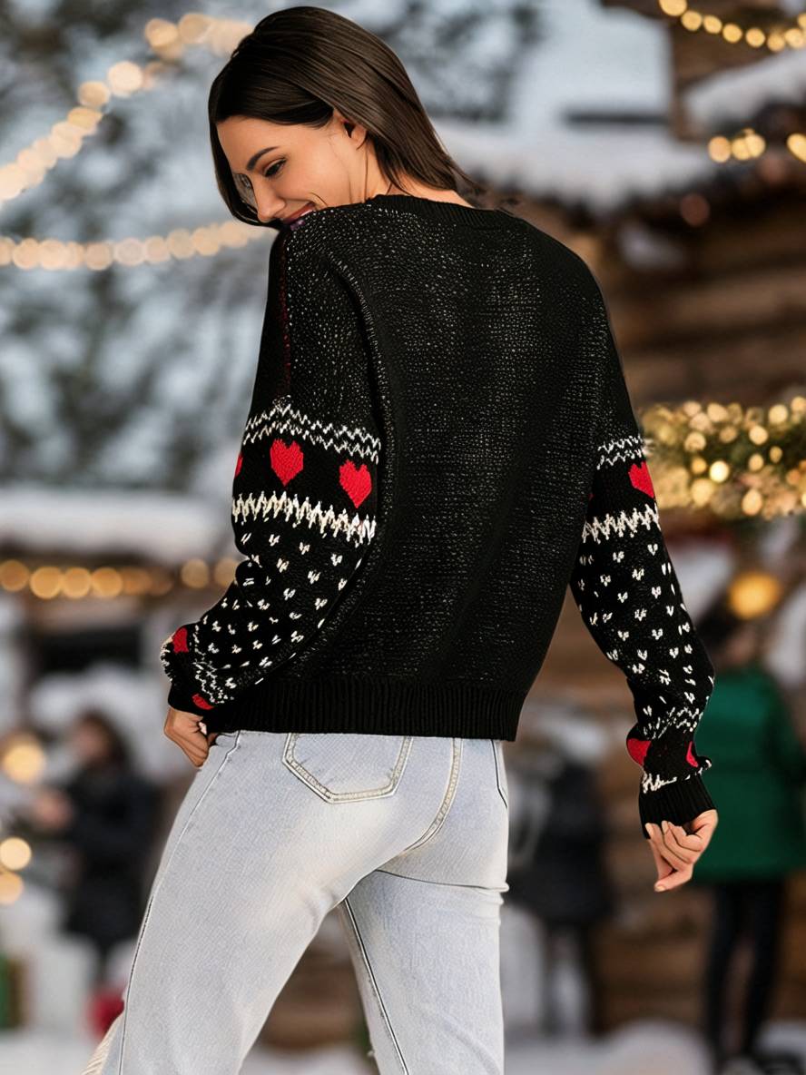 Levoire | Noël Pull Cœur Wapiti Lettres Col Rond Manches Longues Femme Élégant Décontracté Hauts