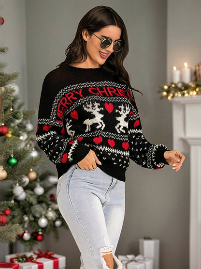 Levoire | Noël Pull Cœur Wapiti Lettres Col Rond Manches Longues Femme Élégant Décontracté Hauts