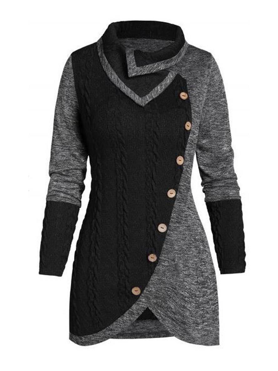 Levoire | Pull Irrégulier Bloc De Couleur Bouton À Manches Longues Dames Élégant Décontracté Mode Casual Noir