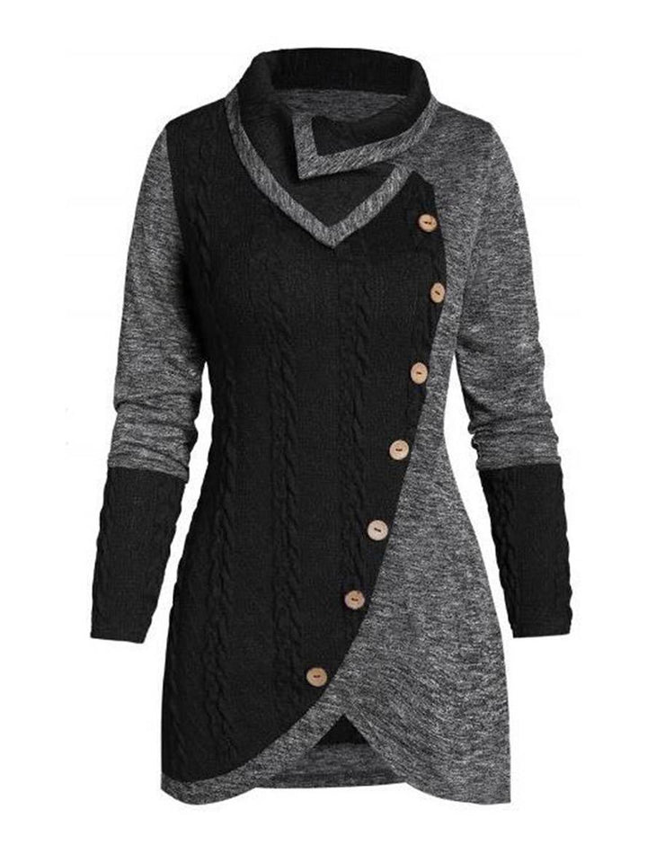 Levoire | Pull Irrégulier Bloc De Couleur Bouton À Manches Longues Dames Élégant Décontracté Mode Casual Noir