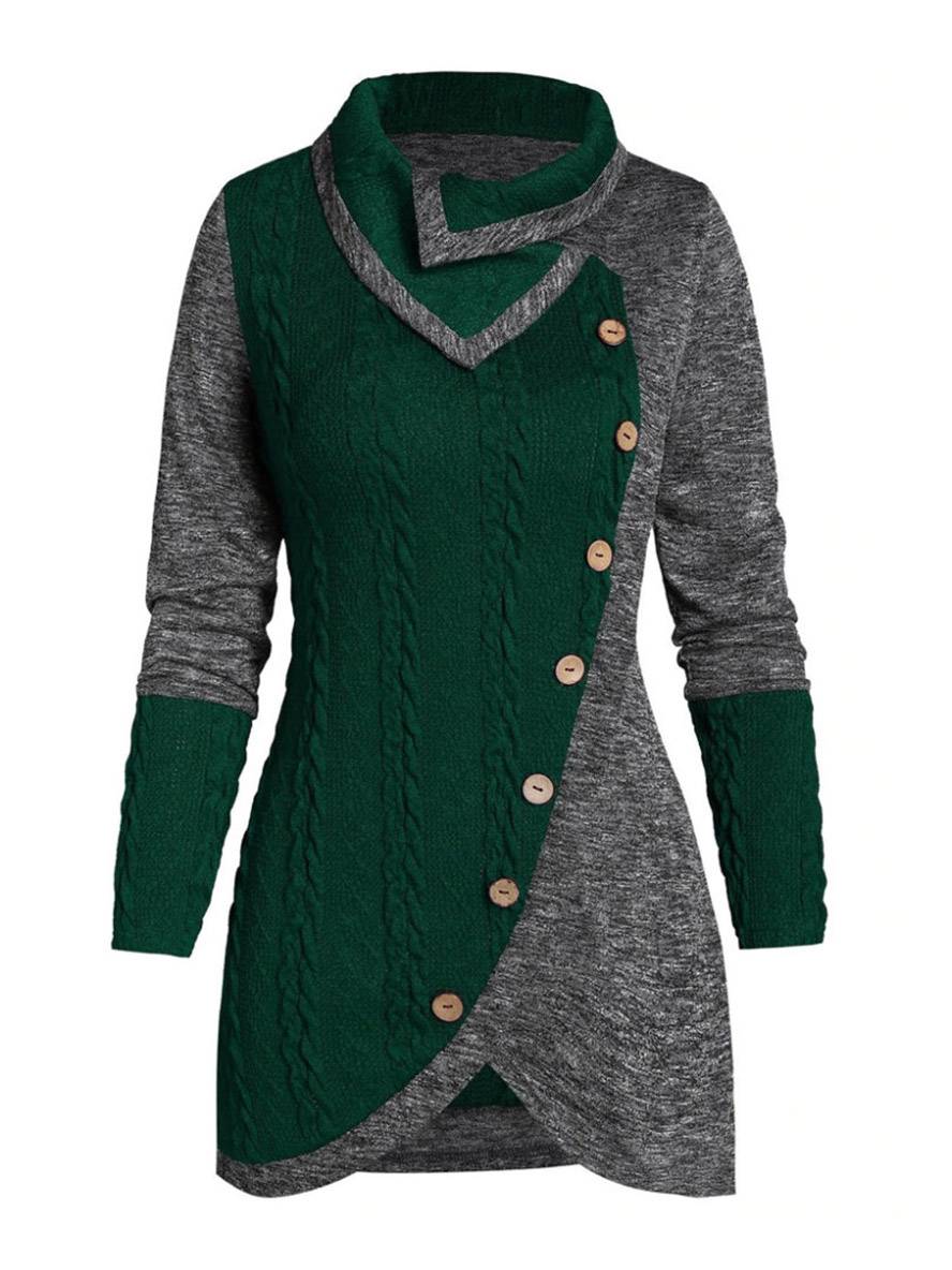 Levoire | Pull Irrégulier Bloc De Couleur Bouton À Manches Longues Dames Élégant Décontracté Mode Casual Vert