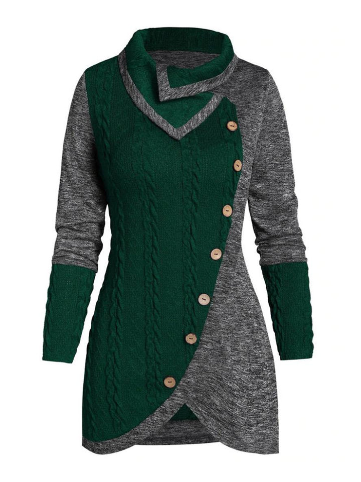 Levoire | Pull Irrégulier Bloc De Couleur Bouton À Manches Longues Dames Élégant Décontracté Mode Casual Vert