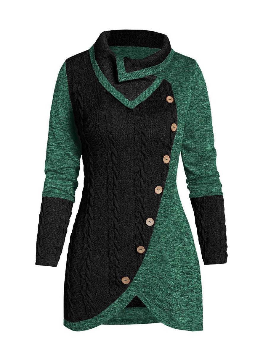 Levoire | Pull Irrégulier Bloc De Couleur Bouton À Manches Longues Dames Élégant Décontracté Mode Casual Vert pastel